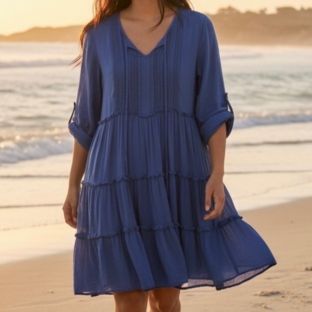 Style & co Womens Blue Boho‎ Tiered Dress Crochet Lace Pintuck Sz M Boho Coastal